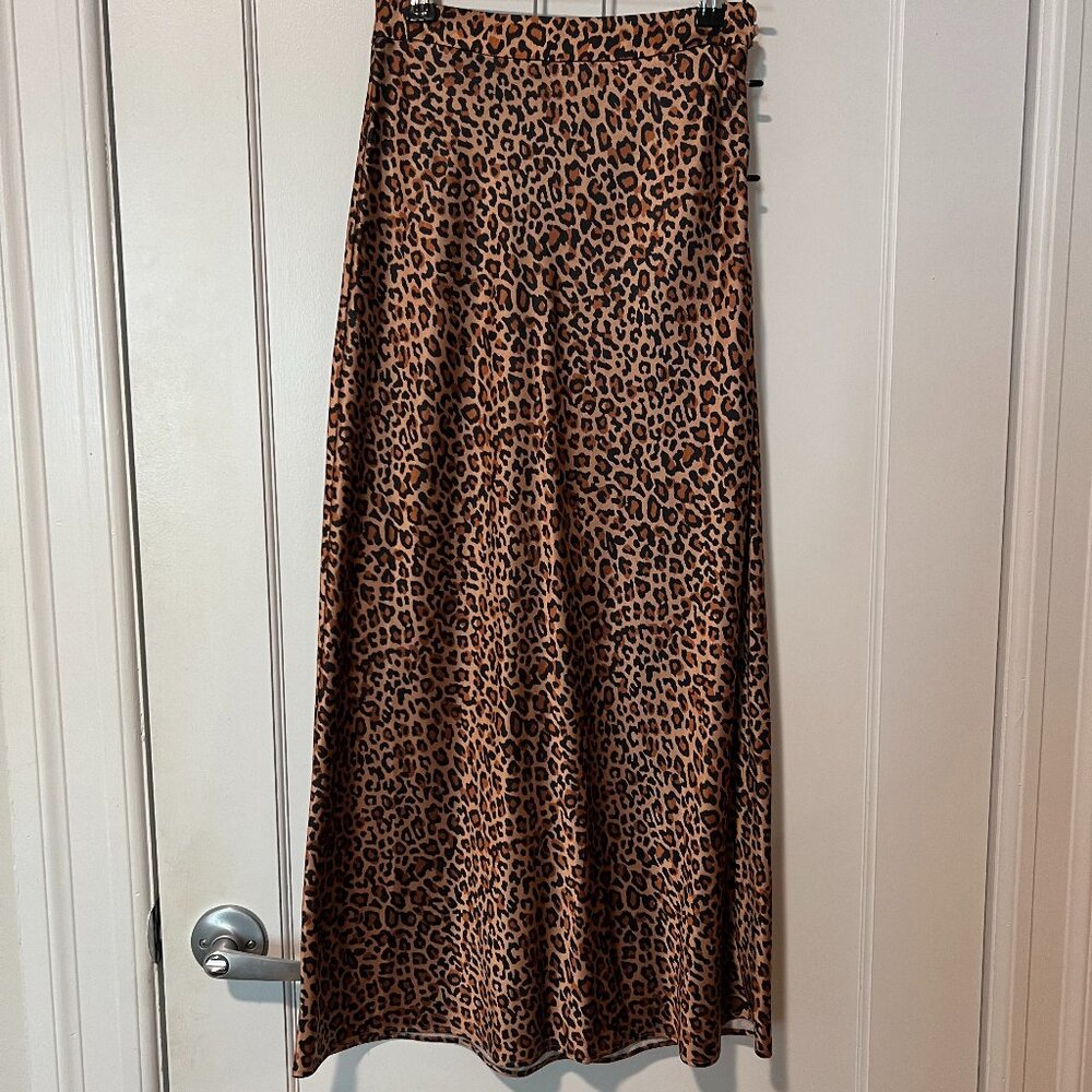 Something Navy Long Leopard Print Silk Skirt